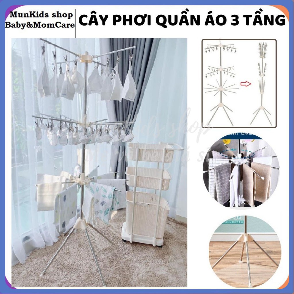 Cây phơi quần áo, giàn phơi thông minh 3 tầng cho bé và trẻ sơ sinh 56 kẹp móc gấp gọn Pier cao cấp