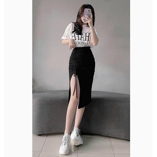 Set Áo Kèm Chân Váy Xẻ Tà In Hate