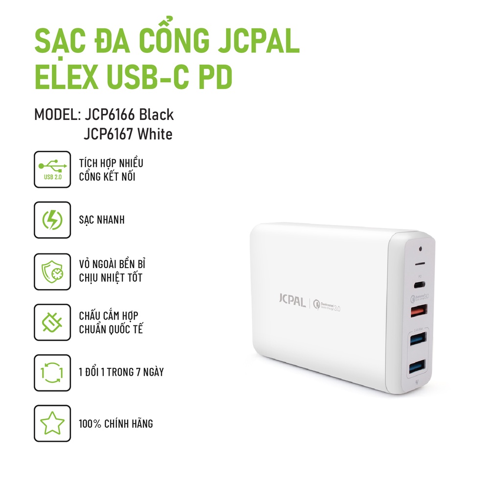 Sạc đa cổng JCPAL Elex USB-C PD cao cấp, hỗ trợ sạc nhanh dành cho Smartphone/ Laptop/ Macbook