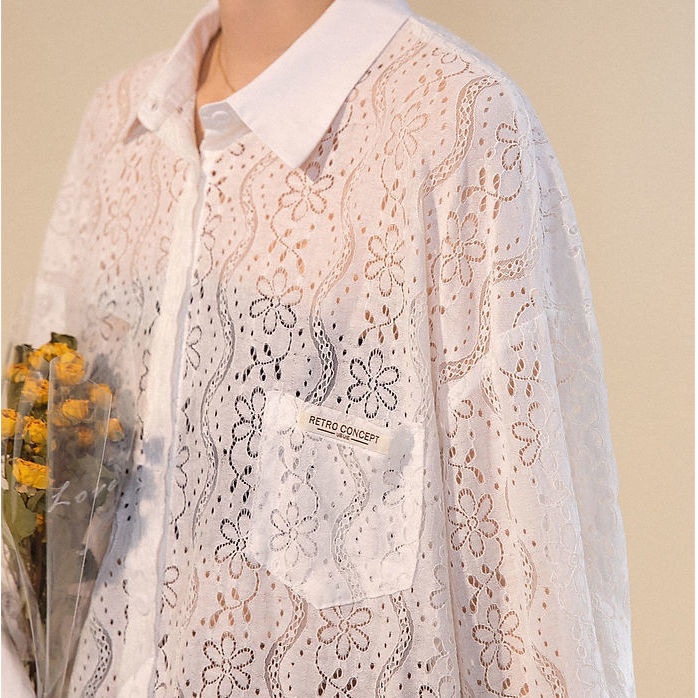 Áo sơ mi trắng lỗ rỗng thời trang Hàn Quốc dễ phối đồ