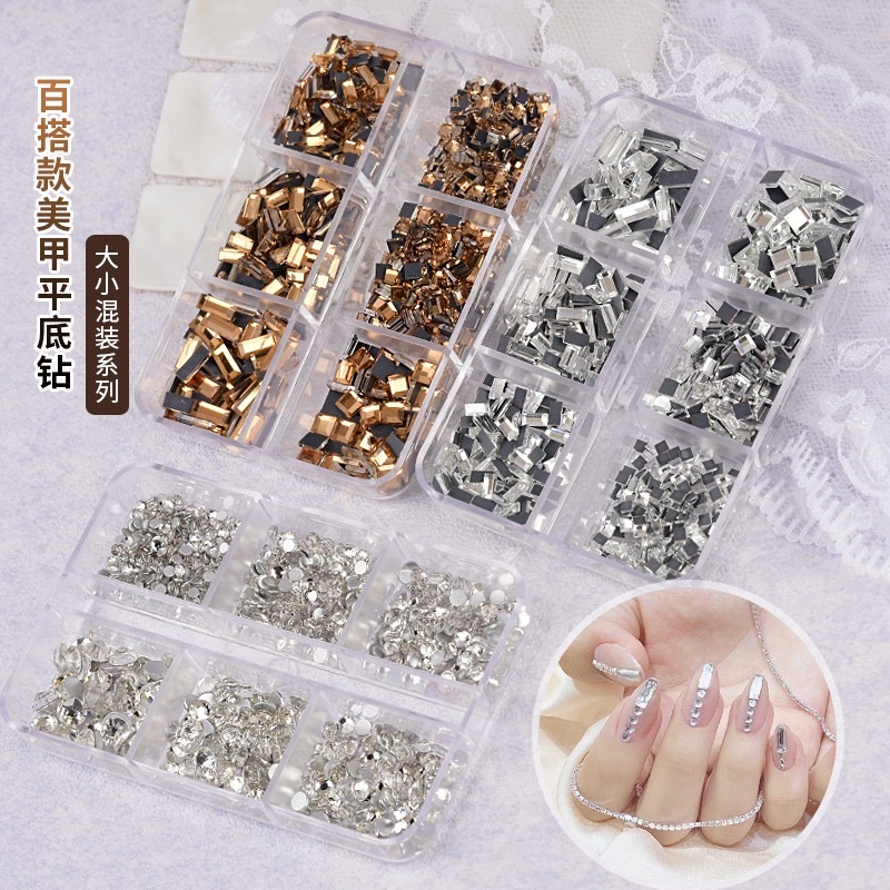 Khay Đá đính móng , Đá nail mix mẫu chữ nhật , hình vuông trang trí móng