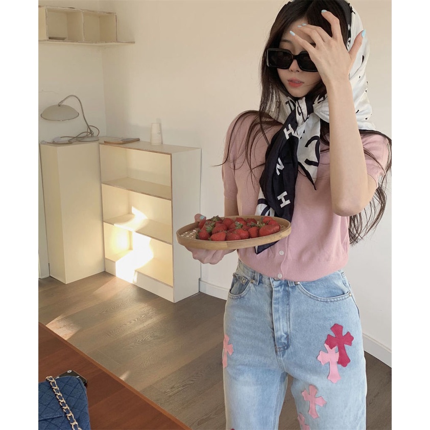 Áo cardigan Ngắn Tay Cổ Chữ V Màu Sắc Đơn Giản Dễ Phối Đồ