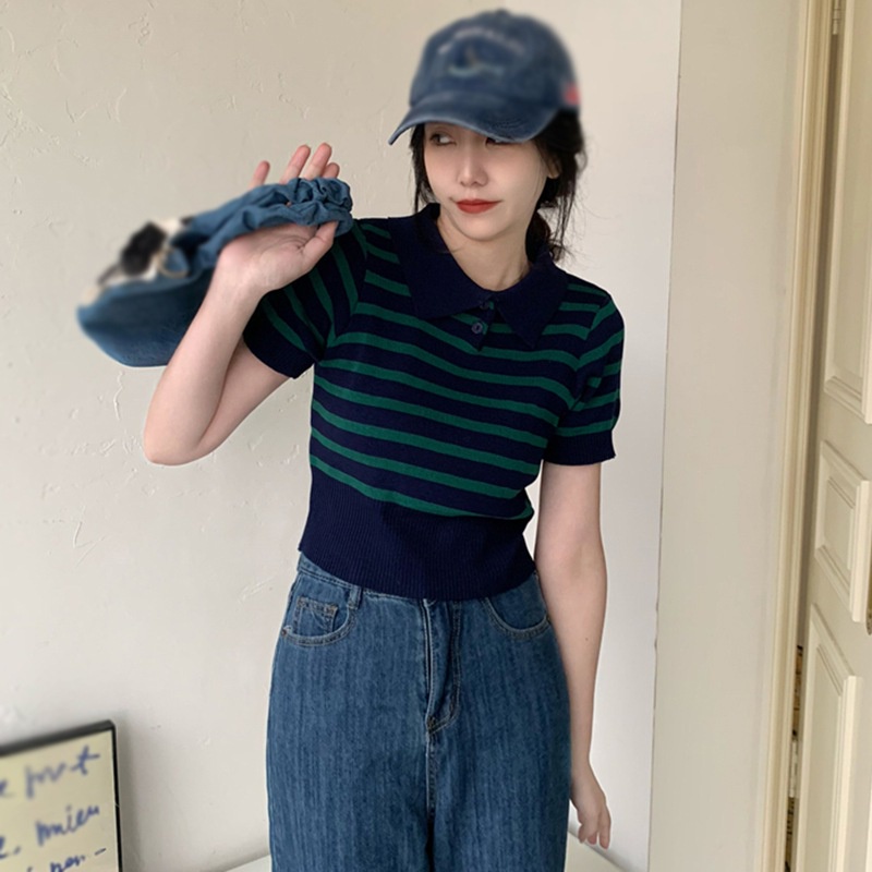 Áo Sơ Mi Tay Ngắn Họa Tiết Sọc Thời Trang Cho Nữ