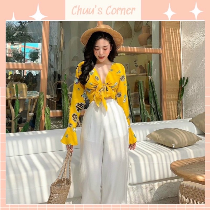 Set áo croptop cột nơ kèm quần ống rộng dáng suông phù hợp đi biển, hình thật trả sàn