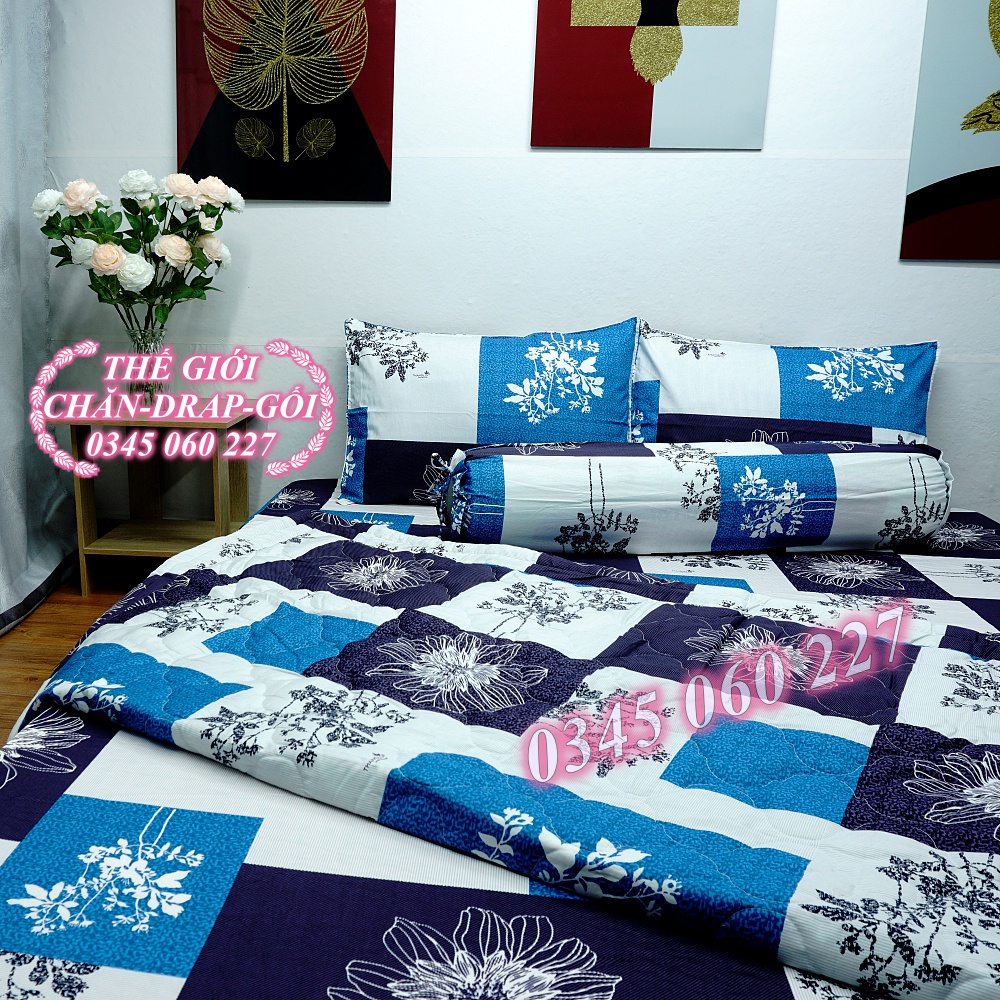 Drap Thắng Lợi, ga trãi giường cotton in logo chính hãng thoáng mát mẫu CÁT XANH