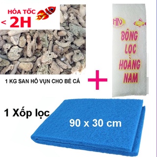 Xốp lọc bể cá 90x30cm siêu sạch + Bông lọc bể cá loại tốt + San hô 1KG loại đẹp, vật liệu lọc, trang trí, tăng PH