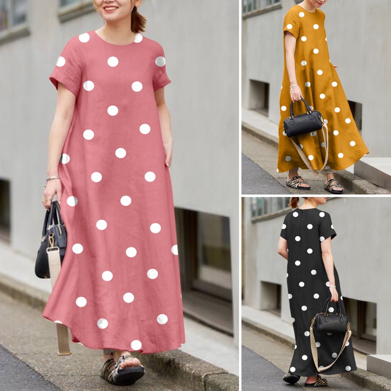 ZANZEA Đầm Ngắn Tay Cổ Tròn Họa Tiết Chấm Bi Thời Trang Dành Cho Nữ