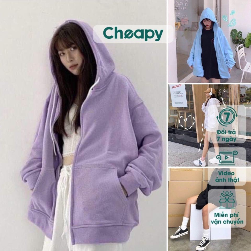 Áo khoác nỉ trơn nam nữ basic hoddie đen trắng xanh ghi freesize form rộng bo gấu tay phồng hàn quốc cheapy