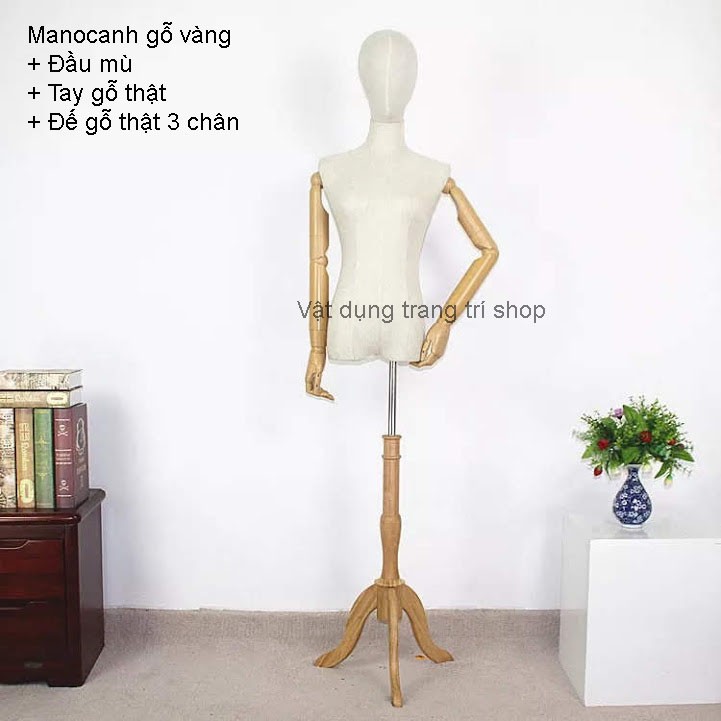 Manocanh tay gỗ có đầu + đế gỗ 3 chân