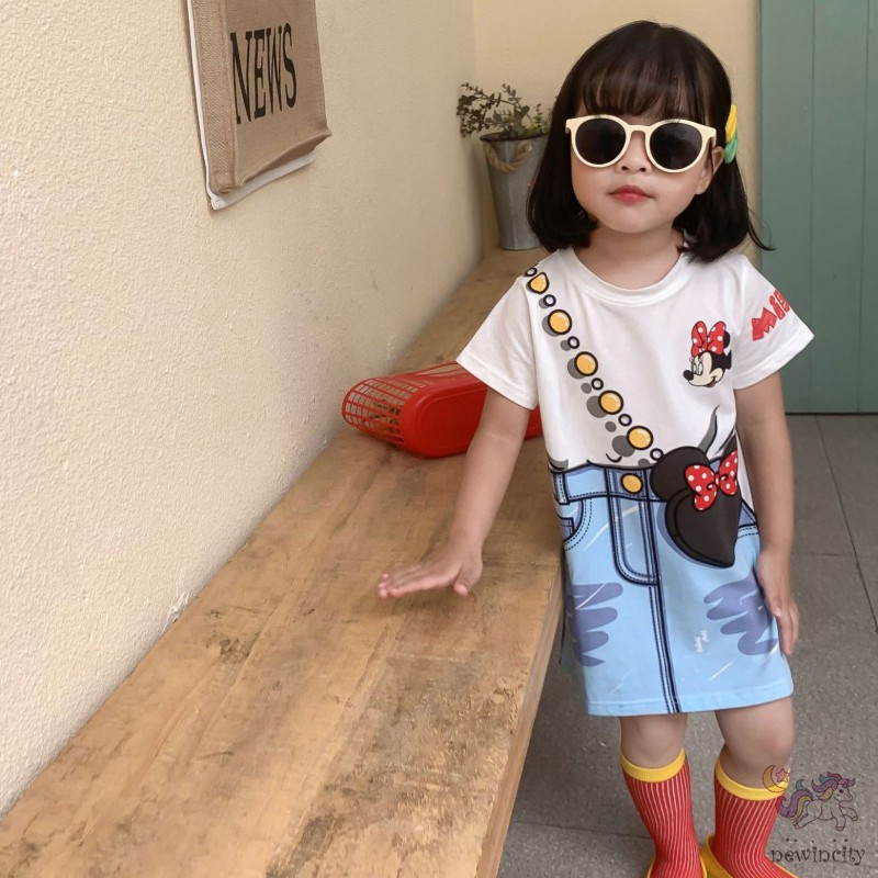 Đầm Tay Ngắn In Hoạ Tiết Hoạt Hình Cho Bé Gái