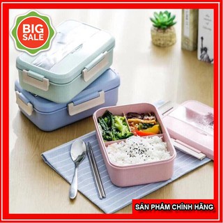 Hộp cơm lúa mạch 1 tầng 3 ngăn kèm đũa thìa inox