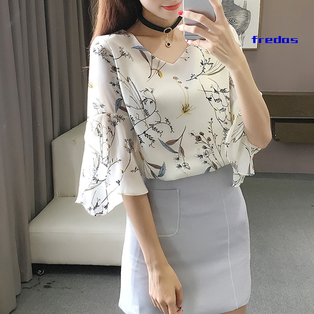 Áo Sơ Mi Chiffon Tay Lỡ Cổ Chữ V In Hoa Thời Trang Công Sở Thanh Lịch Cho Nữ