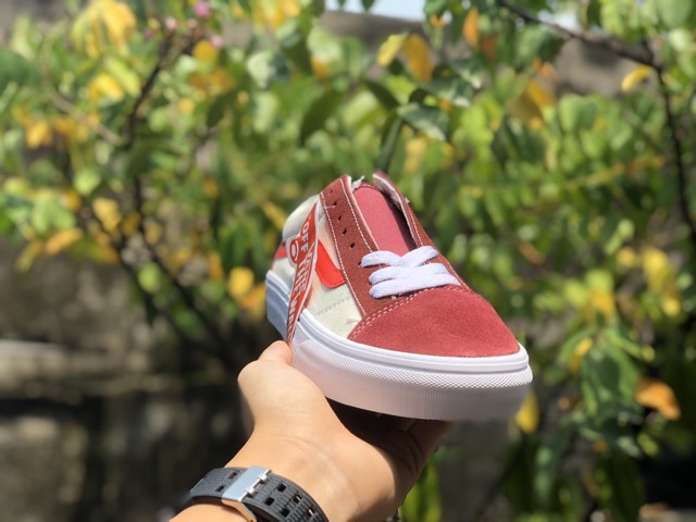 Giầy vans style kẻ đỏ da thật lót trắng 1:1 ( full box + free ship )