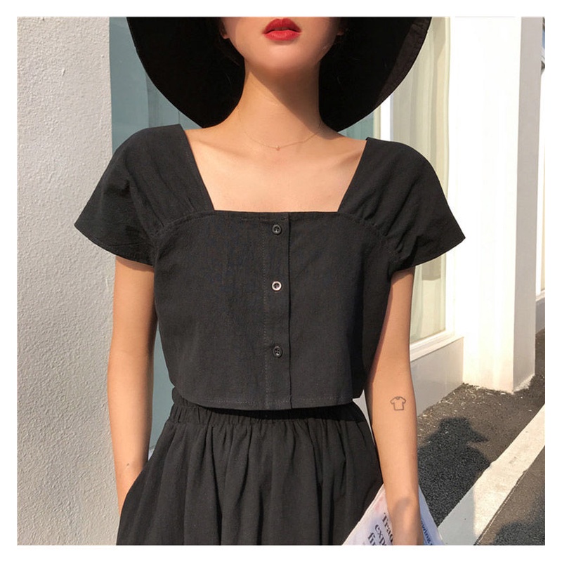 Set áo ngắn tay + chân váy chữ A dài lưng cao thời trang nữ