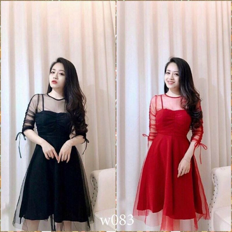 Đầm xòe lưới cổ tròn tay lỡ kết nơ