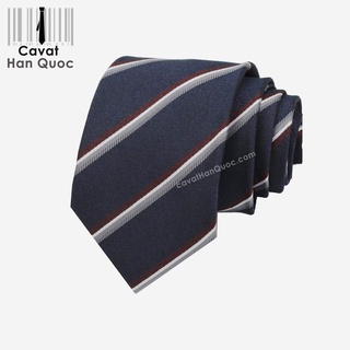 Cà vạt Nam xanh than kẻ sọc chéo đỏ mận xám trắng