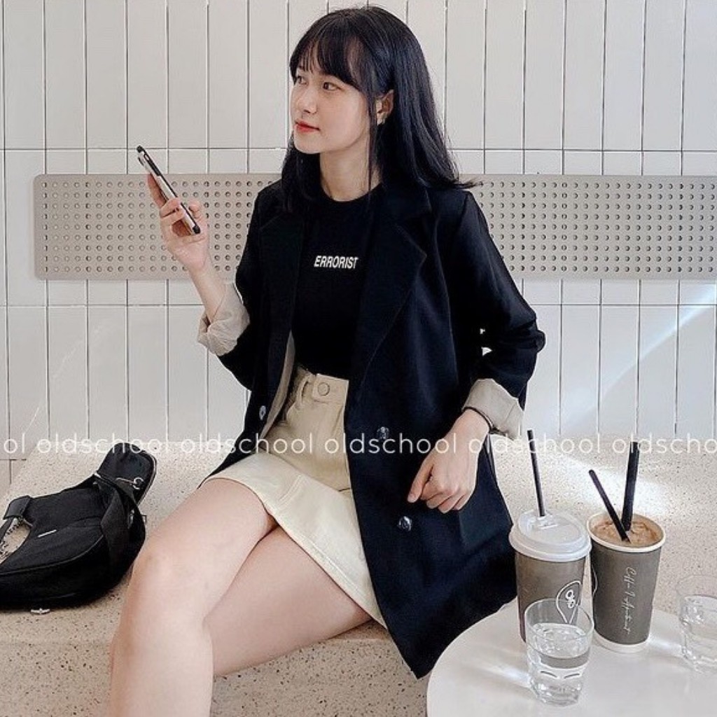 Áo khoác blazer dáng rộng màu trơn, 2 lớp mẫu 2023 phong cách Hàn Quốc thời trang cho nữ free size tối đa 56kg dài 70cm