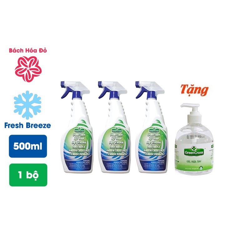 COMBO 3 chai Dung dịch xịt diệt khuẩn GREEN CROSS A2 500ML/chai - Hương Fresh TẶNG KÈM 1 chai GEL rửa tay 500ml