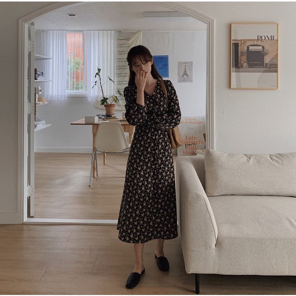 Đầm midi tay dài cổ chữ v họa tiết hoa phong cách retro 45981