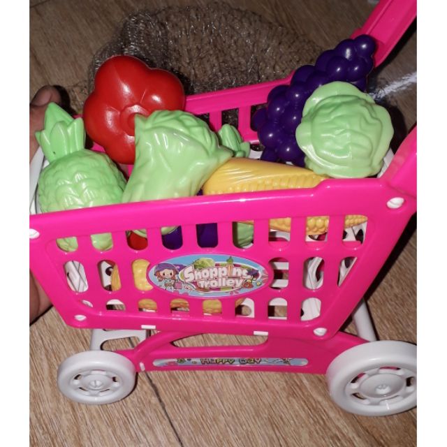 Sét 1 chiếc xe mô hình đi siêu thị và các mô hình trái cây bằng nhựa rất đẹp