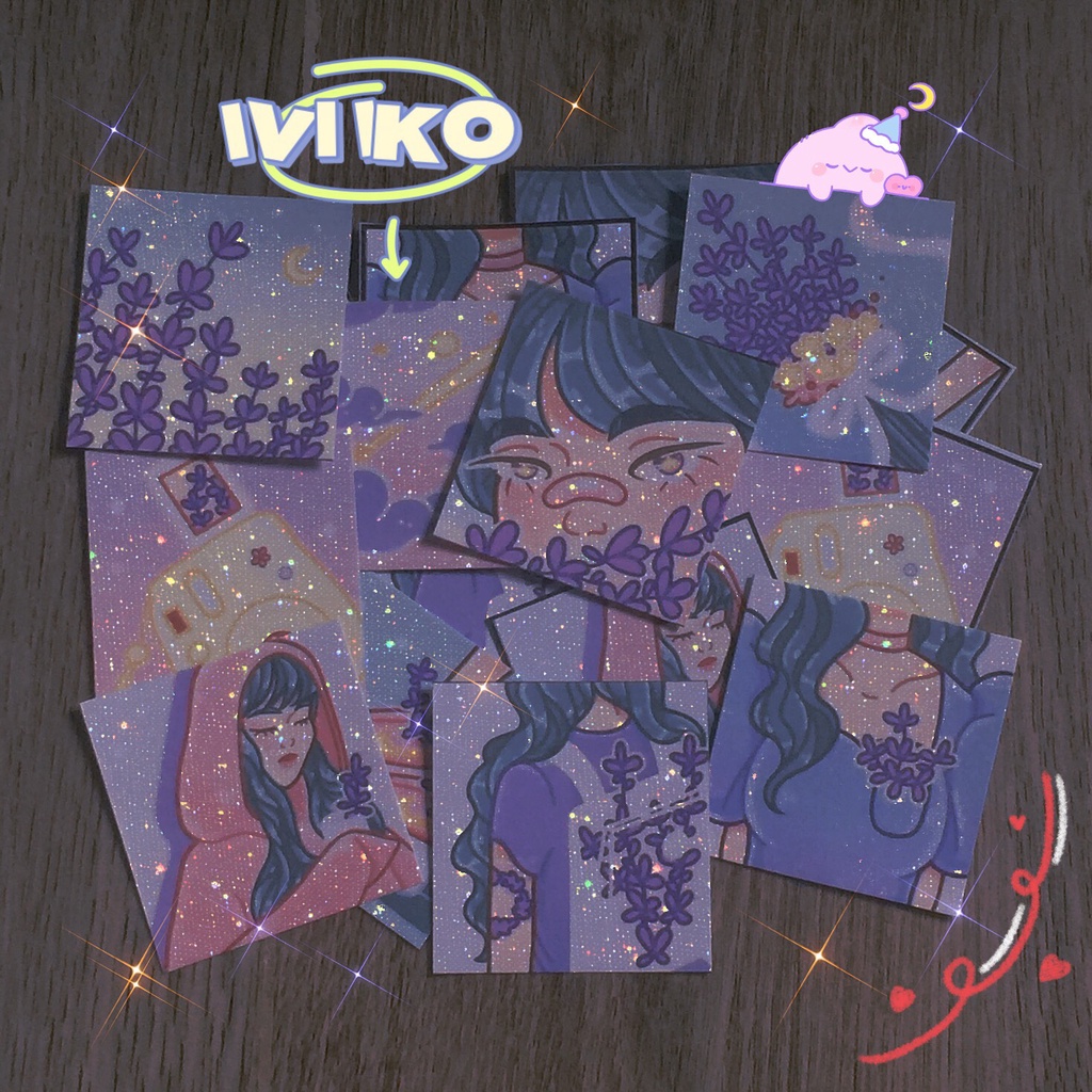 IVI IKO | Set sticker, card 9 hình cô gái và hoa tím