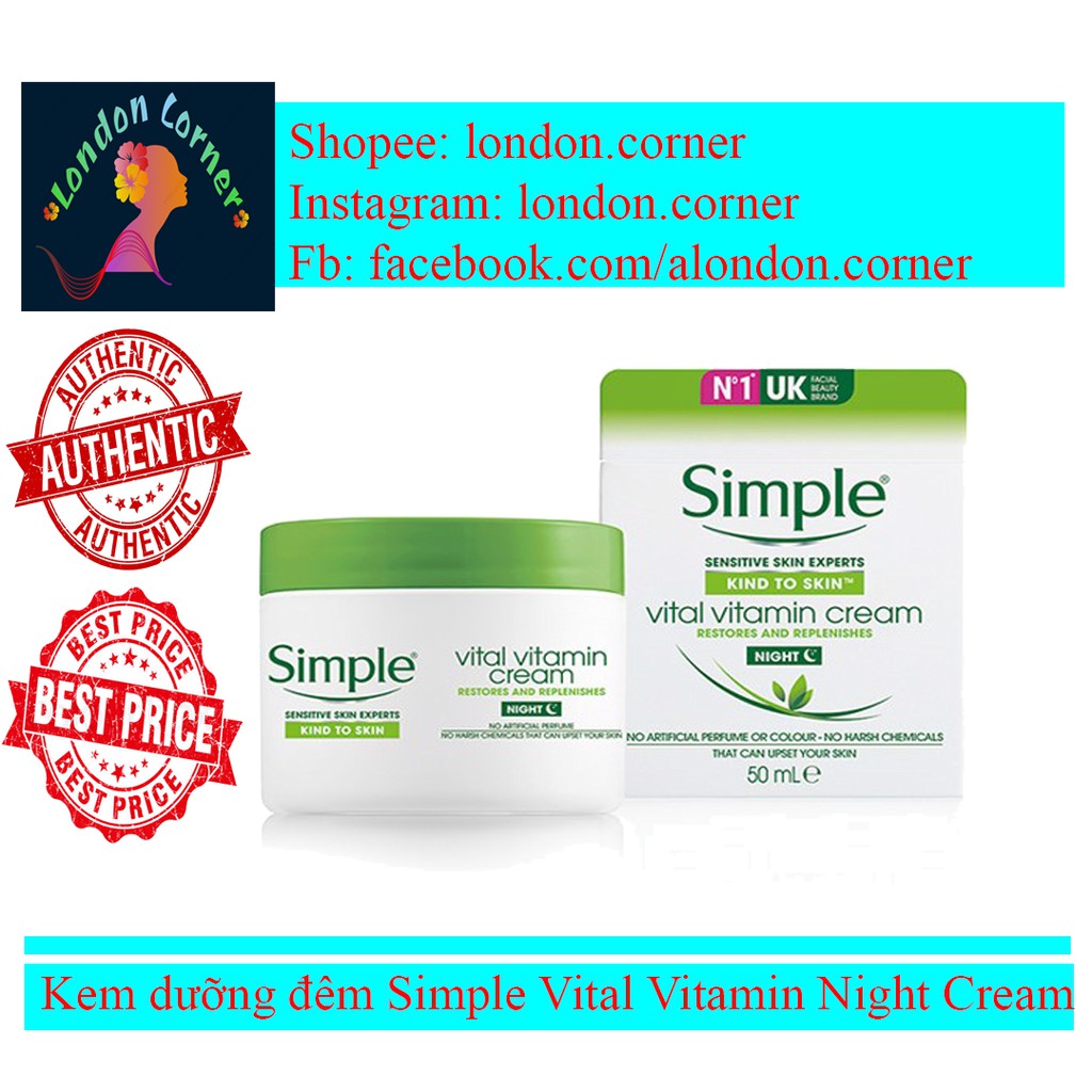 Kem dưỡng  Simple Kind To Skin Vital Vitamin 50ml, dưỡng ẫm simple light cho dầu nhạy cảm