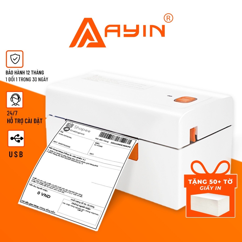 Máy in nhiệt AYIN in đơn hàng shopee, mã vận đơn, mã vạch, phiếu gửi hàng, logo có sẵn lớp keo tự dính,BH 12 tháng