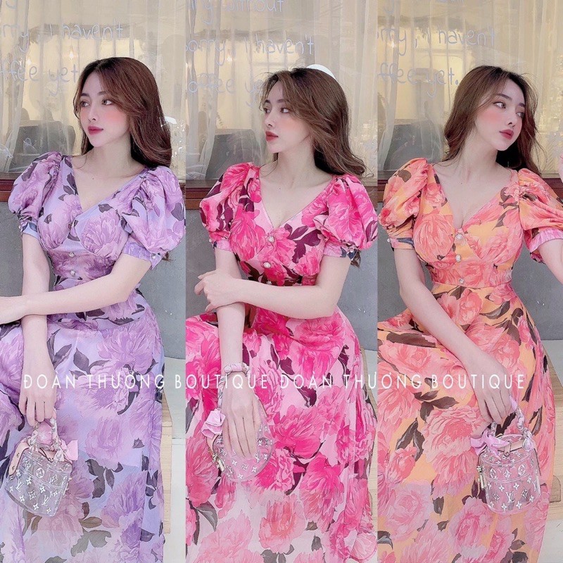 Váy hoa cổ V maxi sang xịn