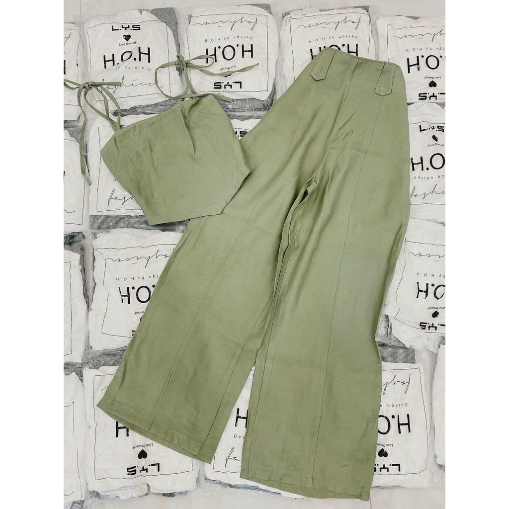 Set áo xanh cổ yếm + quần suông