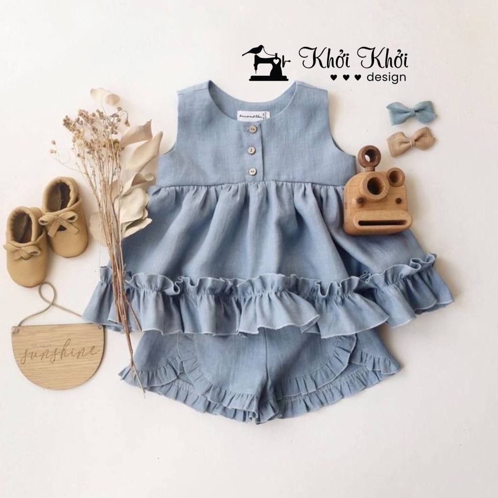 [HÀNG MAY THEO ĐƠN] BABY LINEN Em bé phong cách phương Tây mùa hè vải linen xù lông váy ngắn xếp li quần đùi hai mảnh