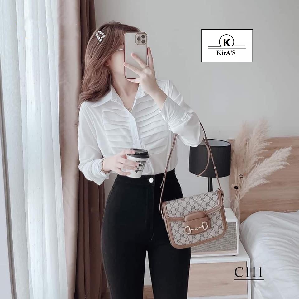 Áo sơ mi nữ trắng dài tay, chất lụa mềm mịn, thiết kế xếp li nhiều lớp ở phần ngực cực xinh AM11