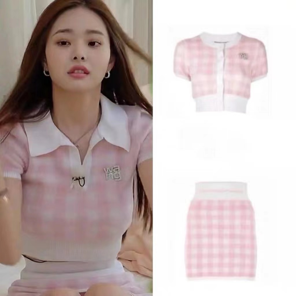Freezia Set Áo polo + Chân Váy Chữ A Họa Tiết Sọc Caro Xinh Xắn Thời Trang Cho Nữ