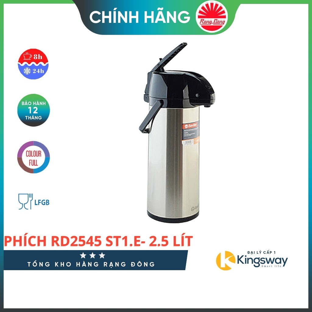Phích Đựng Nước Rạng Đông dung tích 2,5 Lít - Phích Giữ Nhiệt Thân inox, Dạng cần bơm, đế xoay 360 Model RD 2545 St1E
