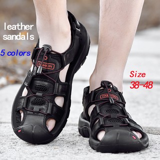 Men's sandals toe cap shoes cowhide leather sandals outdoor sport sandals summer beach Men shoes big size 48 47 46 casual sandals soft insole wear resistant non slip