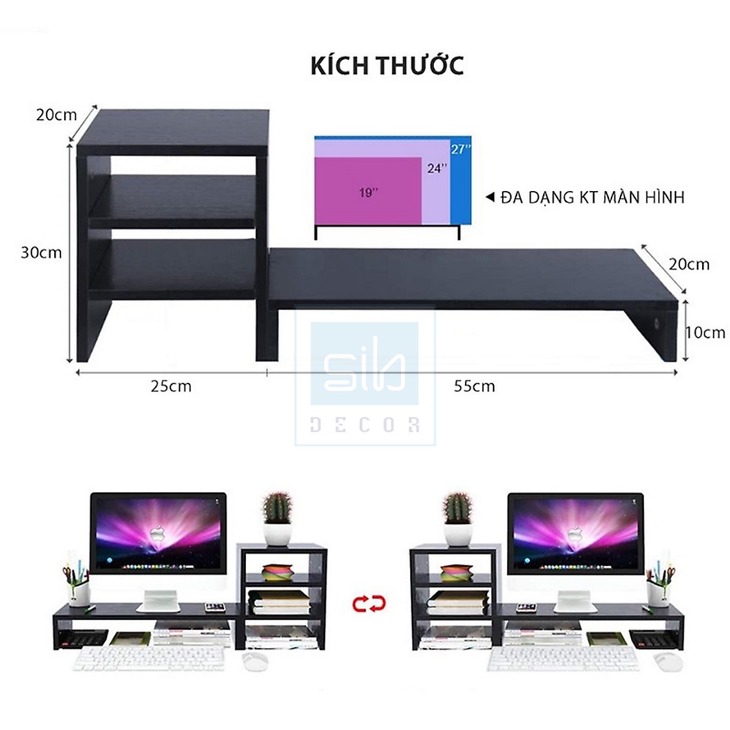 Kệ Màn Hình Máy Tính Để Sách Bàn Làm Việc 3 Tầng SIB Decor