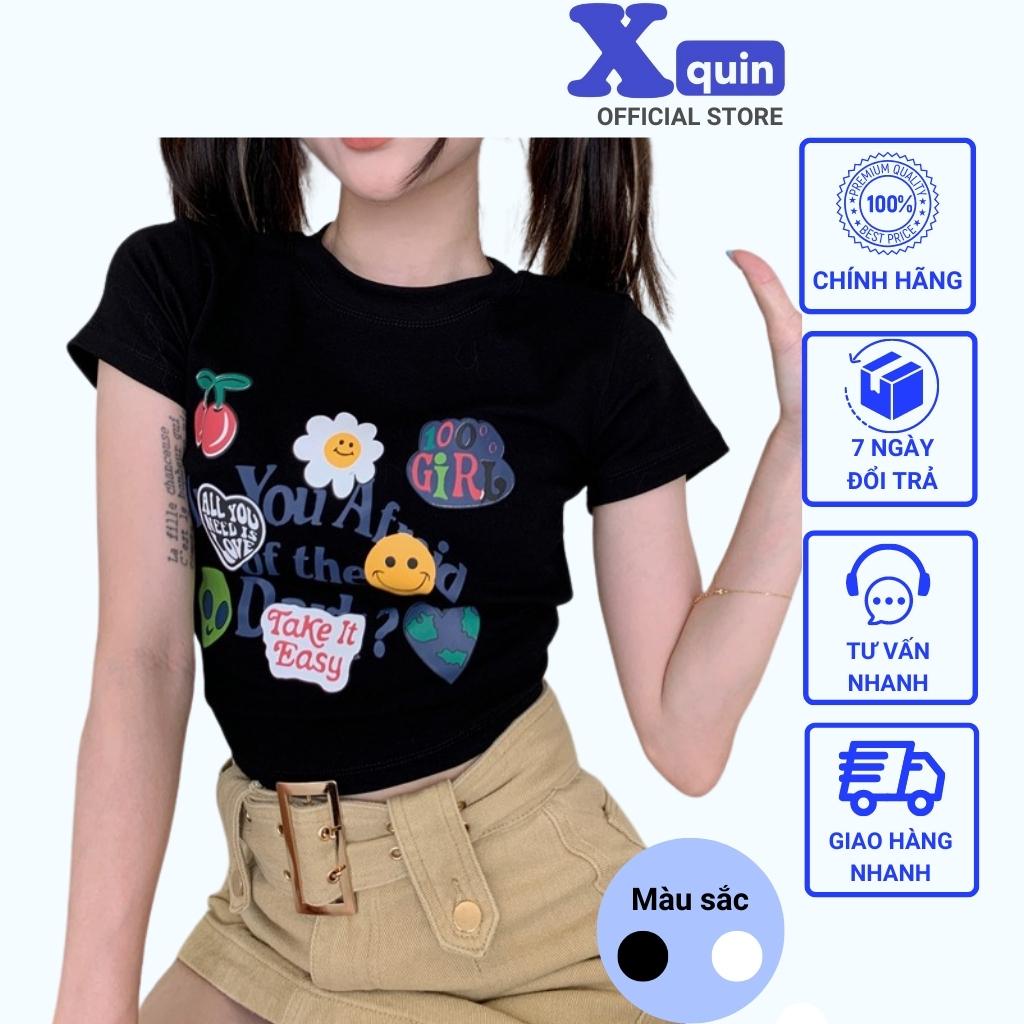 Áo croptop nữ in họa tiết hoạt hình dễ thương Xquin, Áo kiểu nữ ôm body in hình cực sexy