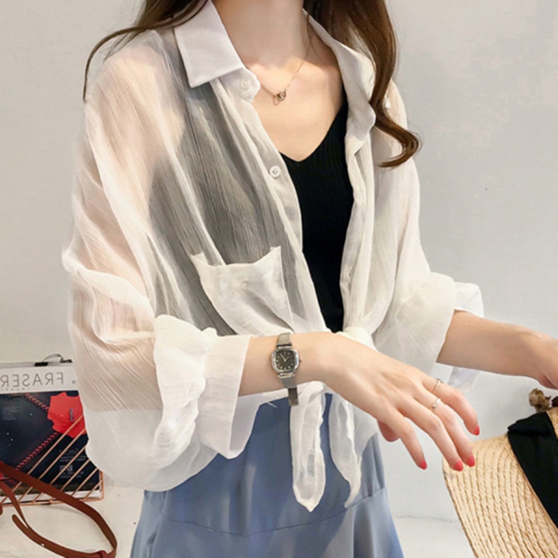 Áo sơ mi chiffon RENJIANVSHENG dáng rộng kẻ sọc tay phồng phong cách Hàn Quốc thời trang cho nữ