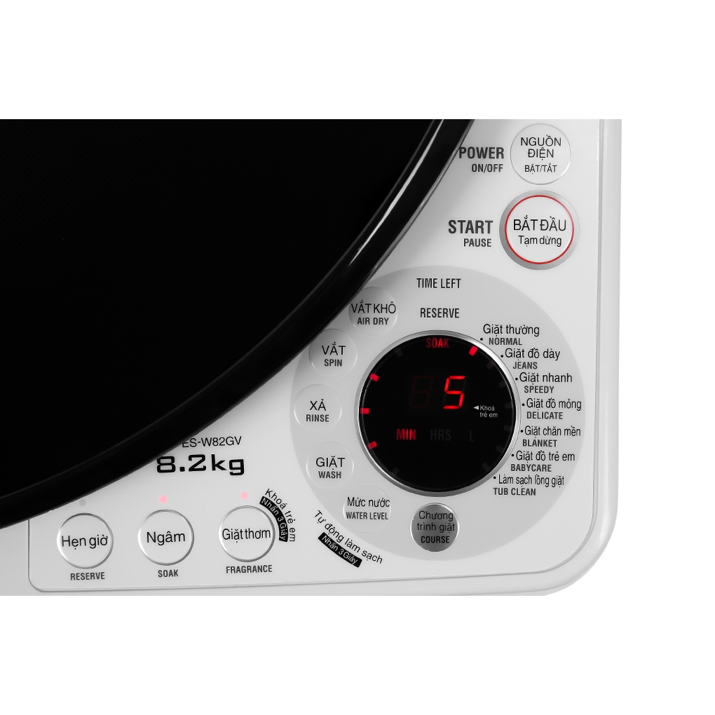 Máy giặt Sharp 8.2 kg ES-W82GV-H  Hẹn giờ giặt  Khóa trẻ em,Tự khởi động lại khi có điện,Vệ sinh lồng giặt