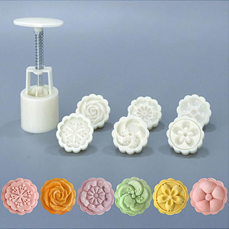 Bộ 6 cái khuôn và dụng cụ nhấn tay tạo hình hoa 3D làm bánh trung thu 50g DIY