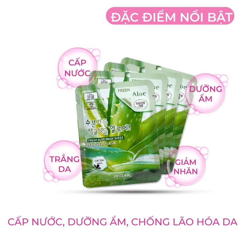 Combo 10 Túi mặt nạ giấy lô hội dưỡng ẩm dưỡng trắng da chiết xuất từ lô hội 3W Clinic Hàn Quốc 23mlx10