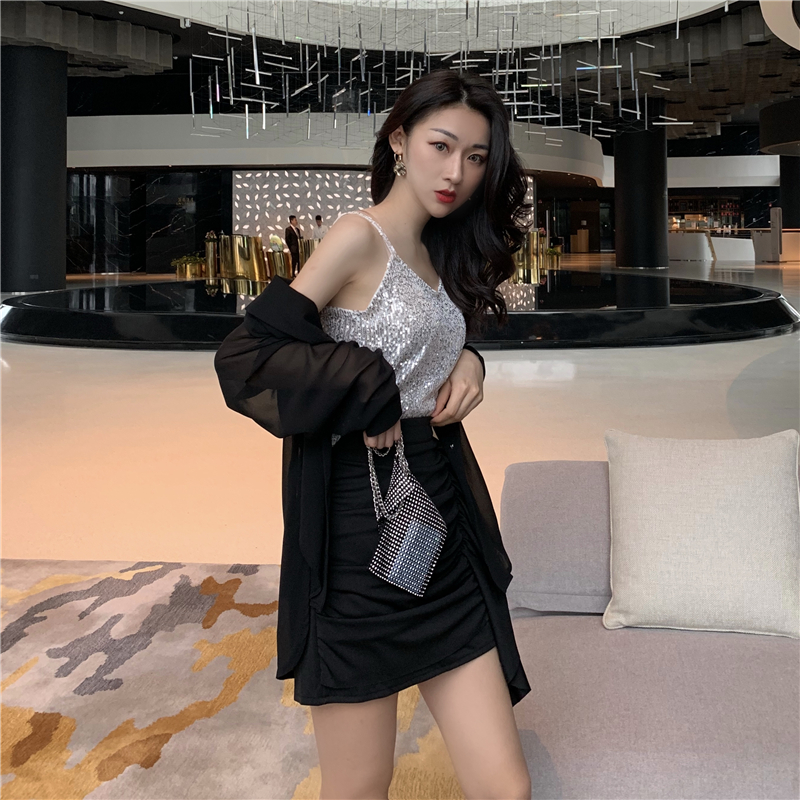 Áo Lửng Hai Dây Đính Sequin Lấp Lánh Quyến Rũ Dành Cho Nữ