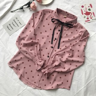(ORDER) Sơ mi chấm bi cổ nơ nữ tính