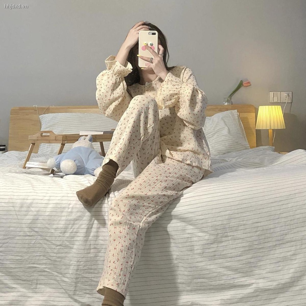 Set đồ ngủ dài tay bằng cotton in họa tiết độc đáo thời trang xuân thu mới cho nữ