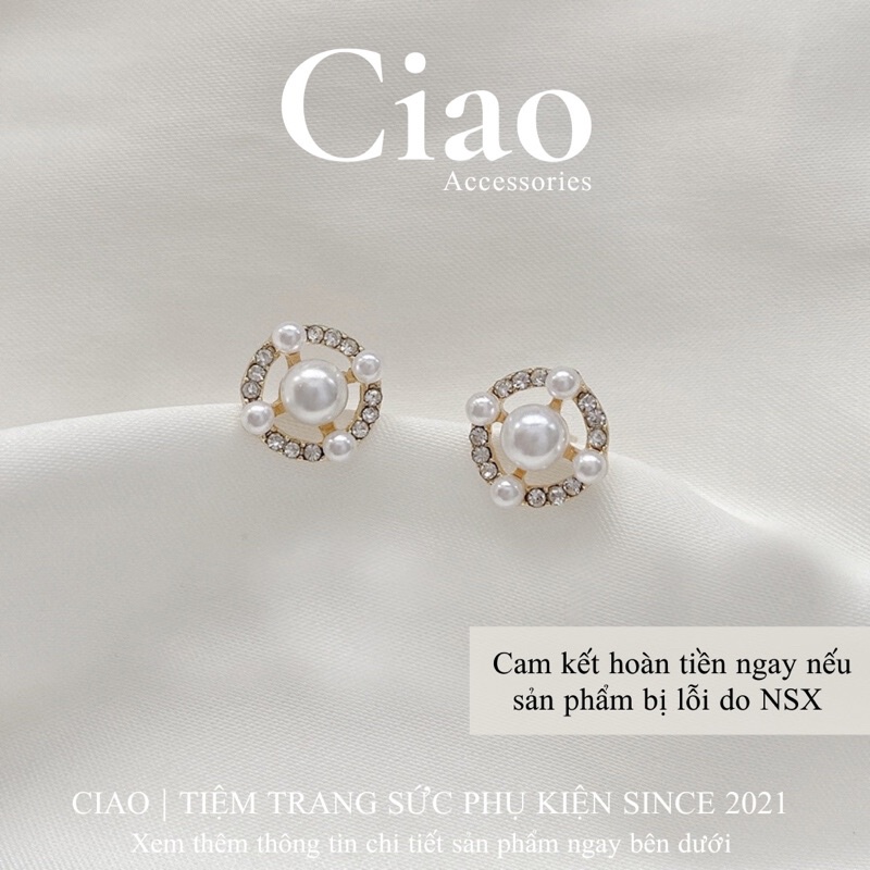 [HOẢ TỐC 1H] Khuyên tai/ Bông tai mạ bạc S925 thiết kế hoạ tiết đính hạt trai Azura Ciao