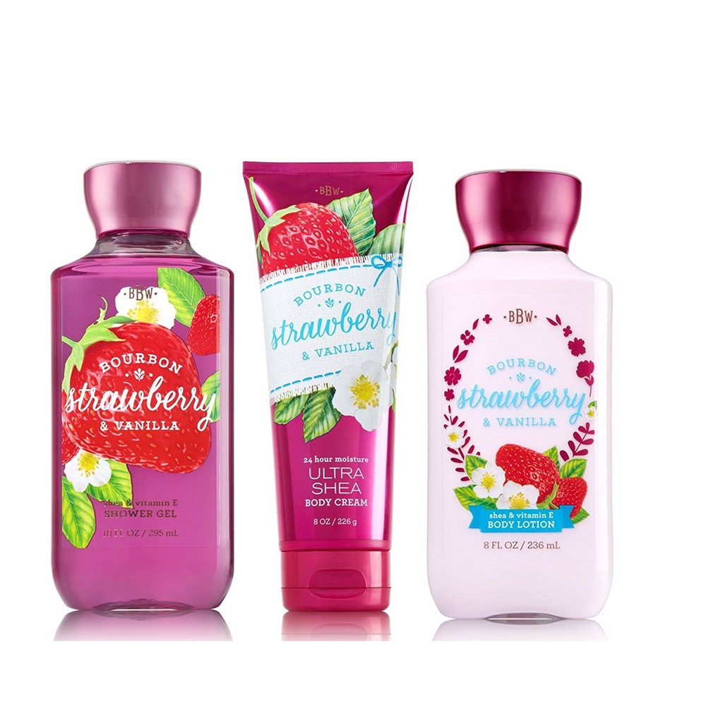 Dưỡng thể giữ ẩm da Bath &amp; Body Works Bourbon Strawberry Vanilla body lotion 236ml (Mỹ)