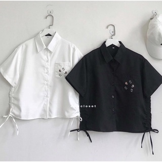 ÁO SƠ MI NỮ EO DÂY RÚT HÌNH MÈO CHẤT THÔ MỀM - ÁO CROPTOP SOMI BUỘC NƠ TÚI HỘP TRẮNG ĐEN