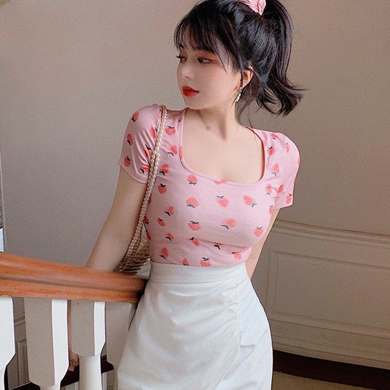 Áo Thun Nữ Ngắn Tay Cổ Vuông Hở Eo Quyến Rũ