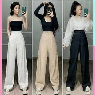 Quần đũi ống rộng nữ bigsize dáng suông dài 95cm cạp chun lưng thun co giãn-Vải trơn xước hàn nhật mềm-màu đen trắng be