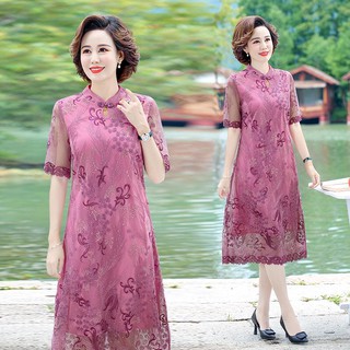 Đầm voan trung niên nữ cao cấp, thiết kế hoạ tiết thêu hoa lá trẻ trung, phối viền ren sang trọng NV0649