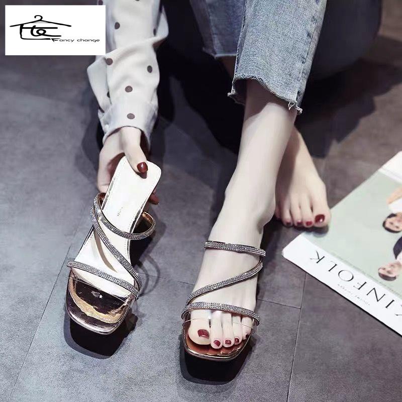 Dép Cao Gót Hở Ngón Mũi Vuông Đính Đá Thời Trang Mùa Hè Cho Nữ